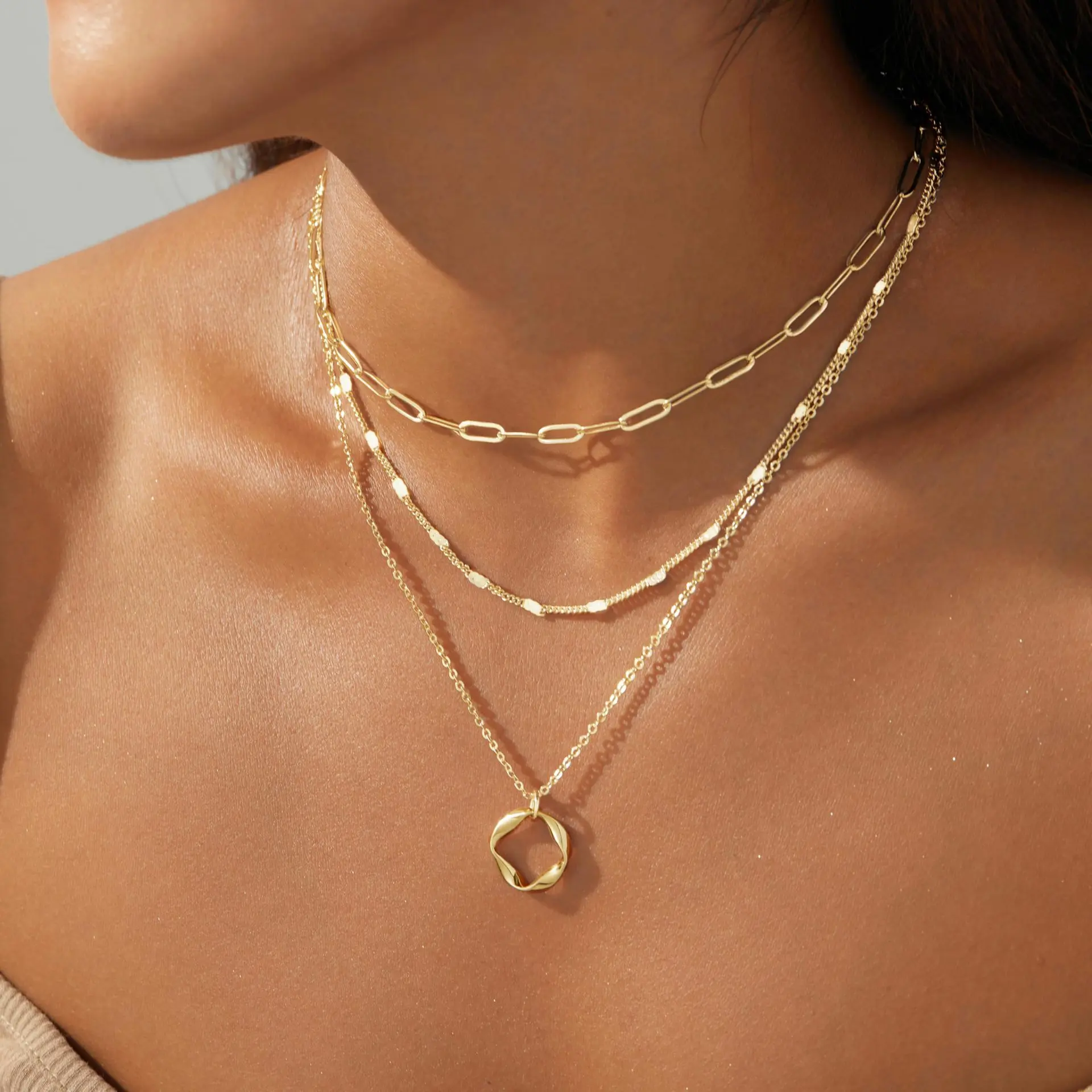 Viral TikTok 3 Layer Stackable Layered Necklace 14K Gold & Silver Two Tone Option 316 Stainless Steel Waterproof Non Tarnish Twisted Circle Pendant Dainty Clavicle in Minimalist Hypoallergenic Low Sensitivity Jewelry Gift For Women Daily Wear