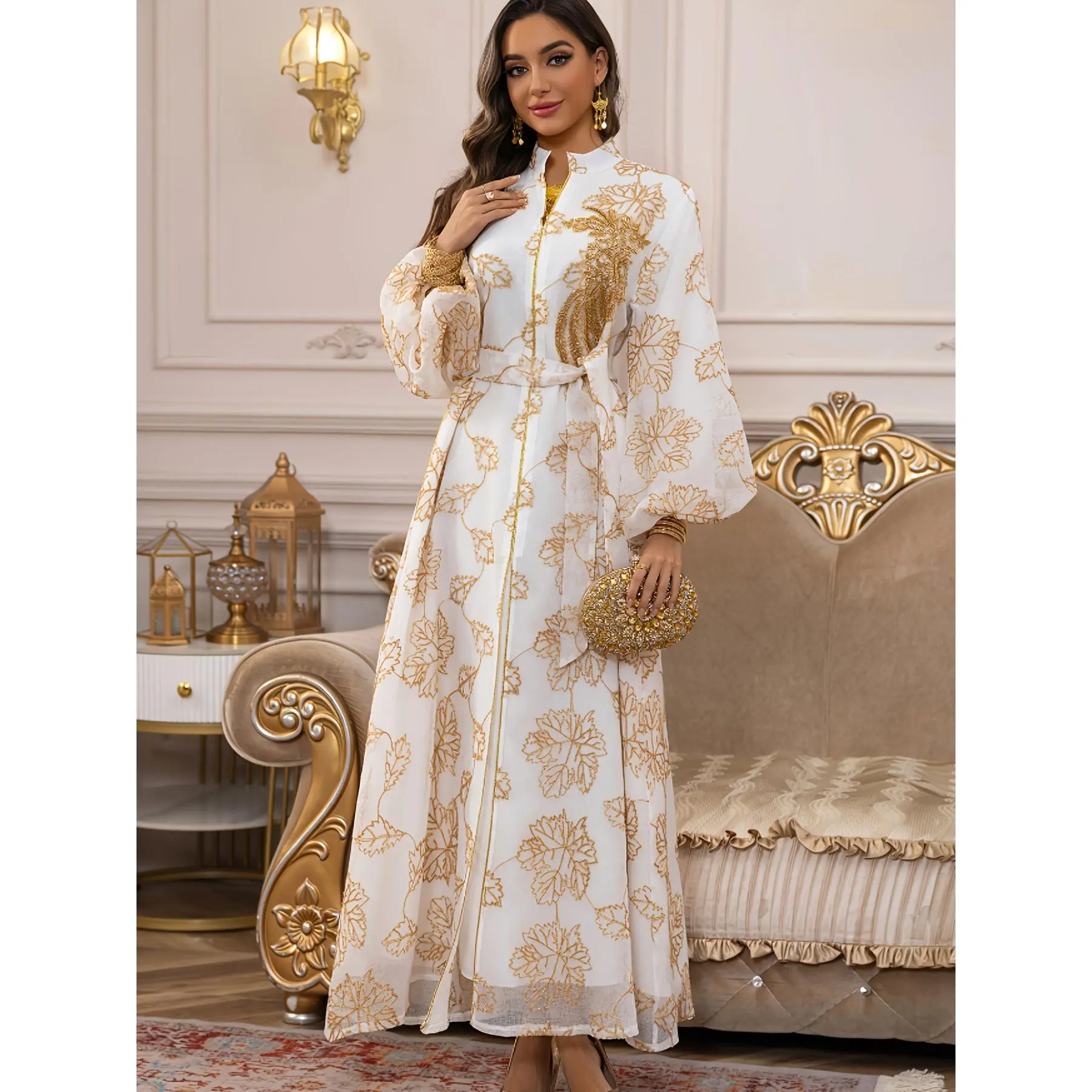 Women's Elegant Muslim Long Dress - Royal Blue & Golden Arabic Kaftan with Asymmetrical Train Hem, Loose-Fit Floor-Length Islamic Clothing for Weddings, Formal Events & Casual Attire, Machine Washable, H-Line Silhouette, Intricate Embroidery & Beaded Deta