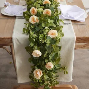 6.56ft Eucalyptus Garland with Flowers-8 Champagne Roses-Lush,Natural Looking, Floral Garland Greenery Garland for Party Wedding Table Indoor Outdoor Backdrop Wall Decor