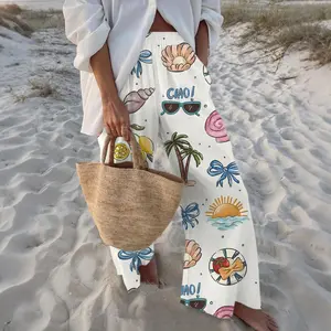Resort Style "CIAO!" Beach Crab Print 106CM Length Lounge Pants Wide Leg Design Colorful Seashell Bow Drawstring Trousers