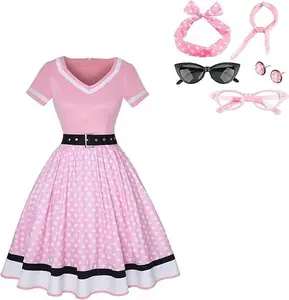 Female Adult 50s Fancy Dress Polka Dots 1950s Vintage Costumes 7 PCS