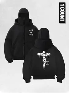 Men's Zipper Fleece Hoodie Jacket, Unique Cross Print Design, Casual Style for Fall Winter Spring Daily Wear Outdoor Activities