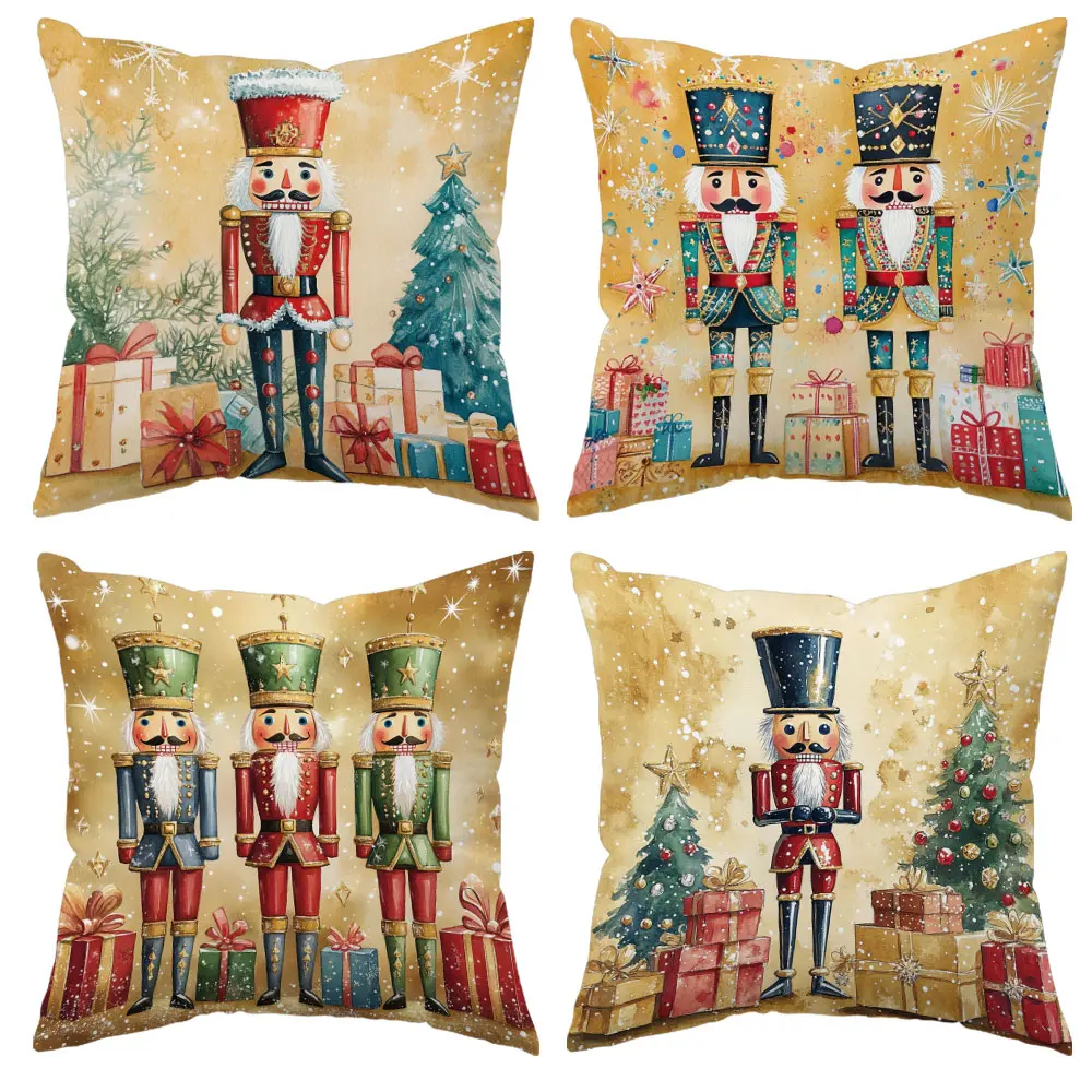 JIT, 4pcs, Christmas theme, gold background, printed with nutcracker, Christmas tree, Christmas gift pattern, for home sofa decoration, home accessories, bedroom zipper Throw Pillow Cover (no pillow core) Washable Cushion Covers