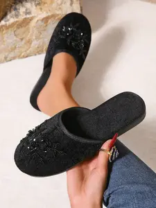 Women's Summer Breathable Slippers, Flat Non-Slip Floral Design, Textile Upper Rubber Sole, Casual Indoor Outdoor Shoes