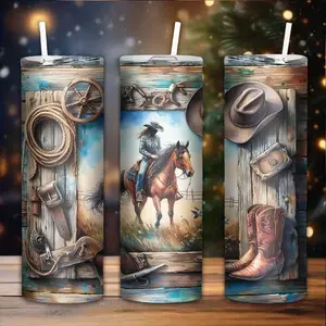 1pc 20oz Stainless Steel Insulated Cup with Lid and Straw - Double-Sided Western Cowboy Design, Double-Wall Insulation, Non-Slip and Drop-Proof, Machine Washable - Perfect Gift for Holidays, Birthdays, Outdoor Activities, Holiday Gift Item |   Country Des