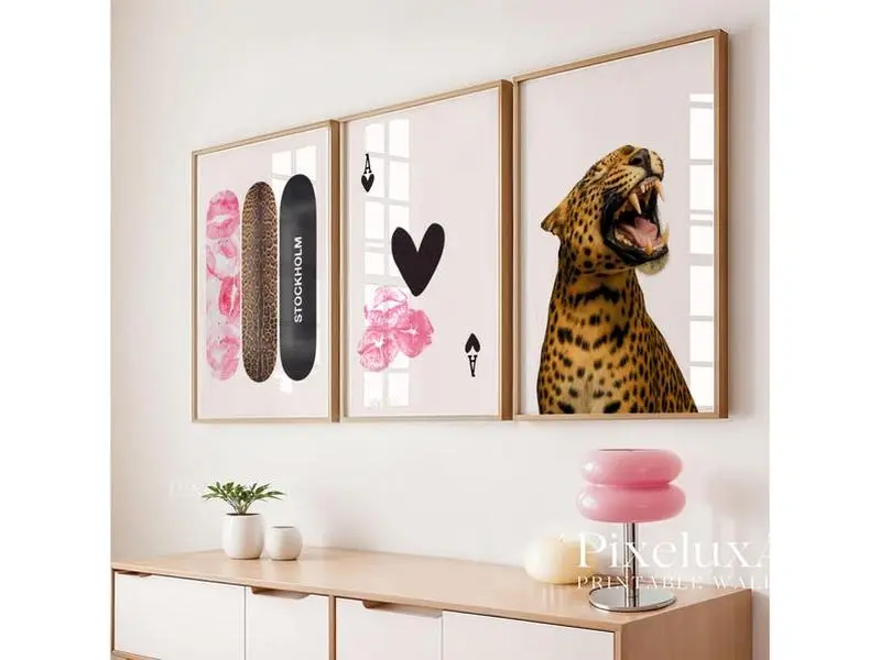 Pink Leopard Poster Set of 3, Stockholm Fashion Wall Art, Trendy Girl Room Decor, Ace of Hearts Print, Chic Pink Aesthetic Gallery Wal