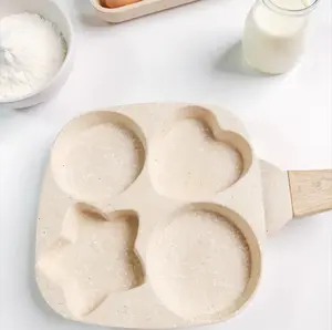 4-cup / 4-hole non-stick beige omelette pan - Aluminum multi-functional breakfast pan, suitable for eggs, pancakes, crepes and omelettes. Easy to disassemble and clean, heat-resistant wooden handle, compatible with gas stoves and induction cookers Steel