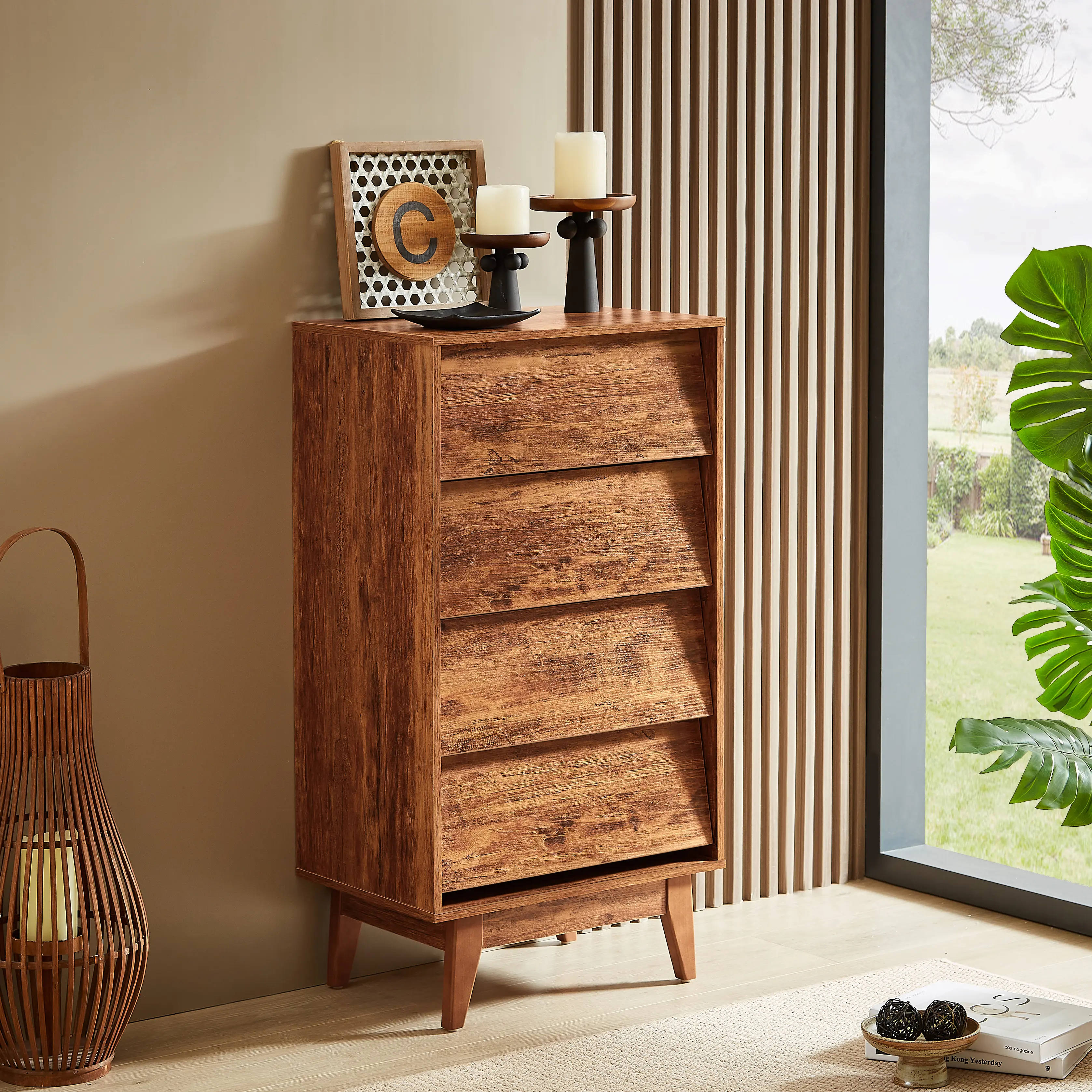 Dreamzon 4-Drawer Double Wood Dresser - Vintage Indoor Furniture with Bevel Design, Deep Drawers, Hidden Pulls, Solid Wood Legs, Living Room Bedroom Storage Cabinet for Interior Organization