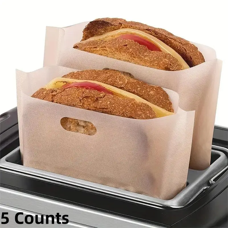 5 Counts Non-Stick Reusable Toaster Bags, 6.3x6.5in, Ideal for Grilled Cheese, Pizza, Panini, Garlic Bread, Microwave, Grill