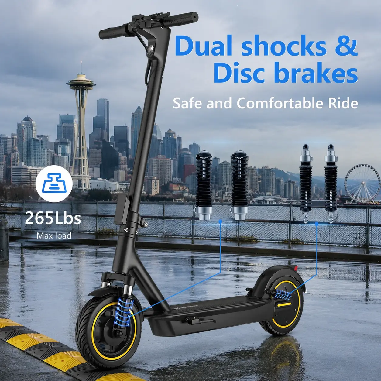 Esmax High-Speed Electric Scooter 10-inch solid tires 500W motor with front and rear dual shock absorption, range of 22-30 miles, top speed of 22 mph, dual braking system, LED lights, app control, aluminum alloy frame, Springtok。
