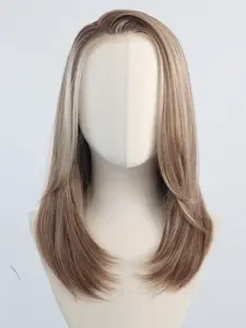 MACA BAKA Joy Bronde Money Piece Pre-Cut Layered Ombre Highlight Brown Lace Front Wig with Scandinavian Hairline Wear and Go Glueless Low Density 14 Inches Short Natural Straight HD Synthetic Lace Front Wigs for Women Pre Plucked