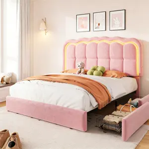 Mraeer  LED Bed Frame with 4 Storage Drawers & USB Charging Station App Controlled Adjustable Headboard Lighting Modern Upholstered Platform Bed No Noise No Box Spring Needed Excellent Gift for Christmas and New Year