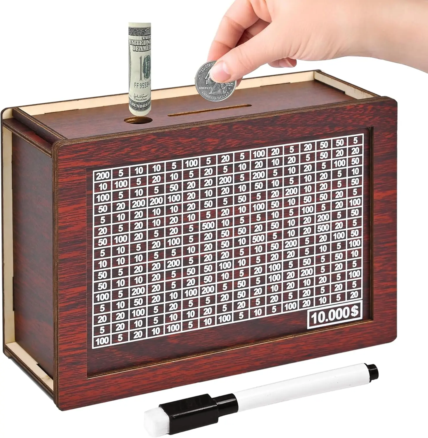 10000 Savings Challenge Box, Wooden Money Saving Piggy Bank for Adults Kids, Reusable, Targets 10k