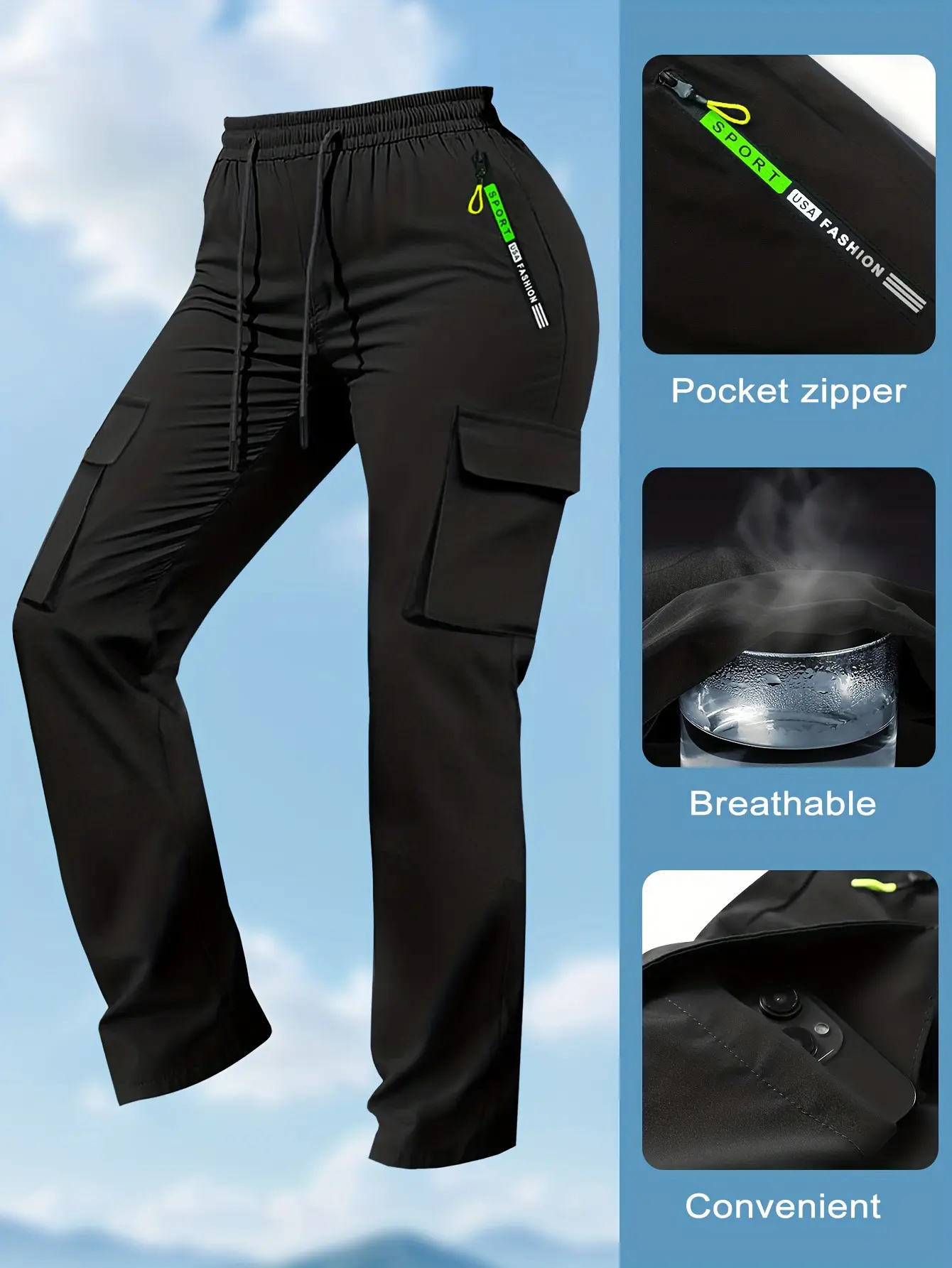 Women’s cargo pants with multiple pockets for spring and autumn—thin, straight-leg casual long pants featuring zippered pockets and an elastic waistband, suitable for outdoor sports and everyday outings., Bottom, Basic