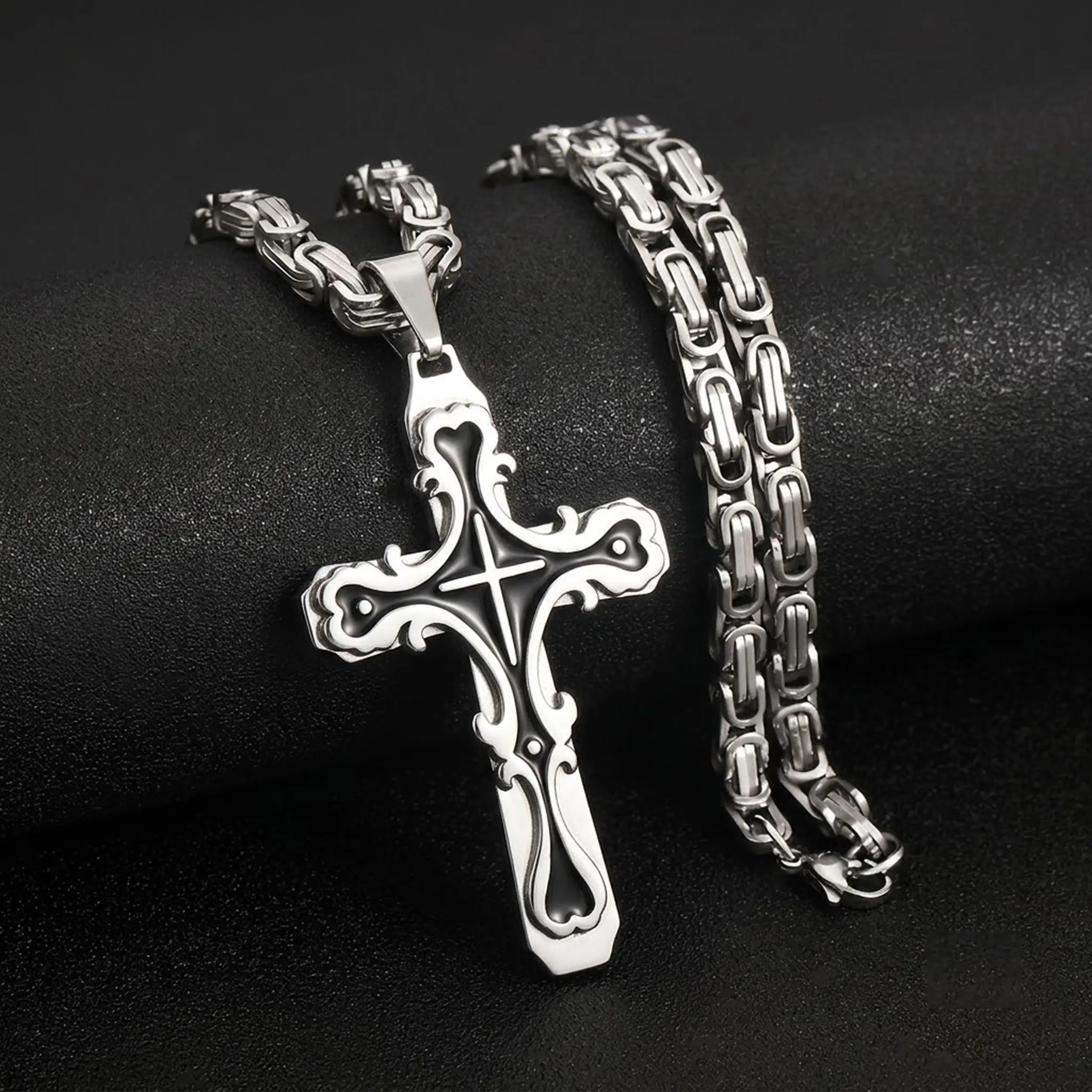 Stainless Steel Crucifix Cross Pendant Necklace,Men's Cross Necklace with Chunky Byzantine Chain/Rolo Chain, trendy gold necklace Gift for Men