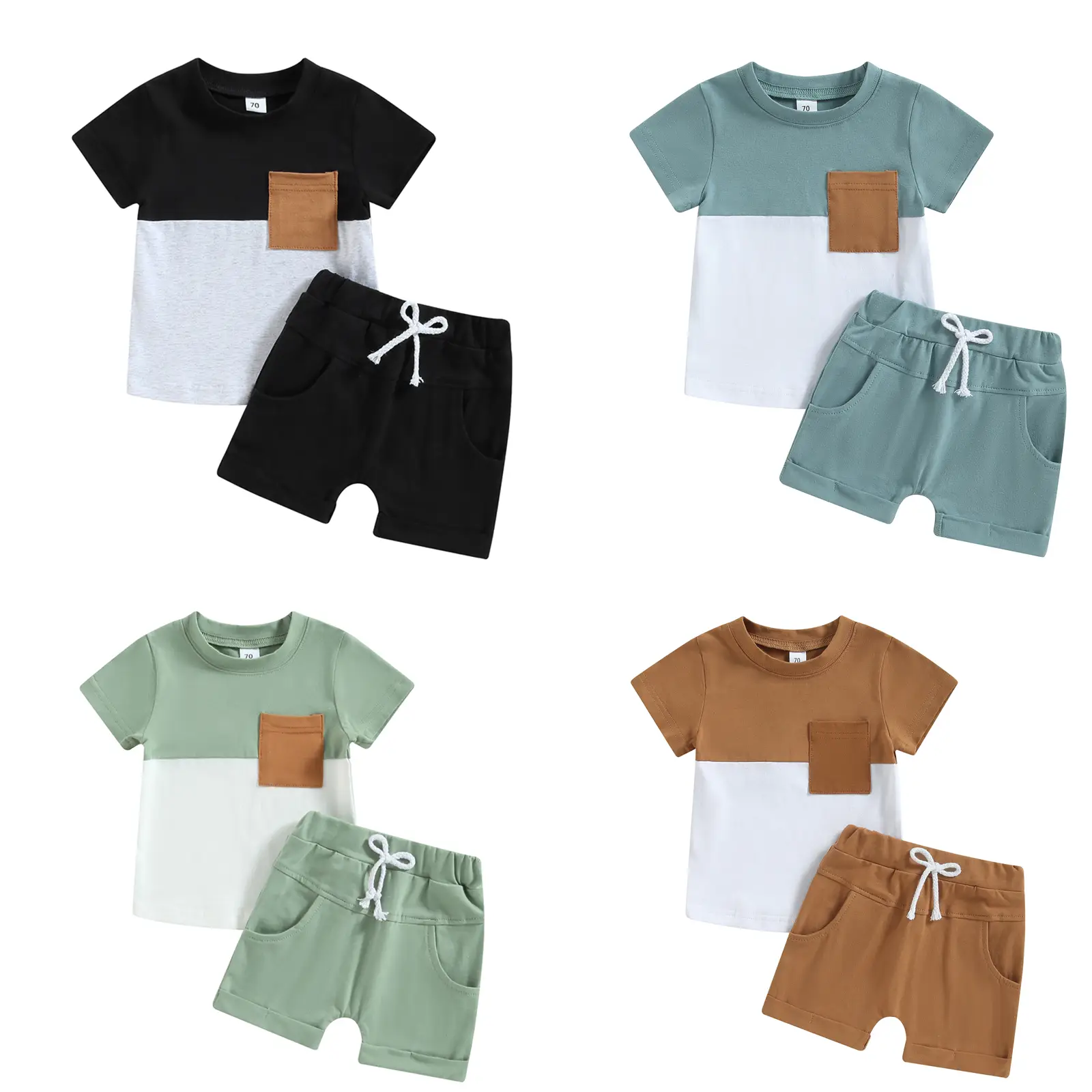 Toddler Baby Boy Two Piece Outfit Contrast Color Pocket Short Sleeve T-Shirt Tops Elastic Waist Shorts Summer Casual Beach Tracksuit