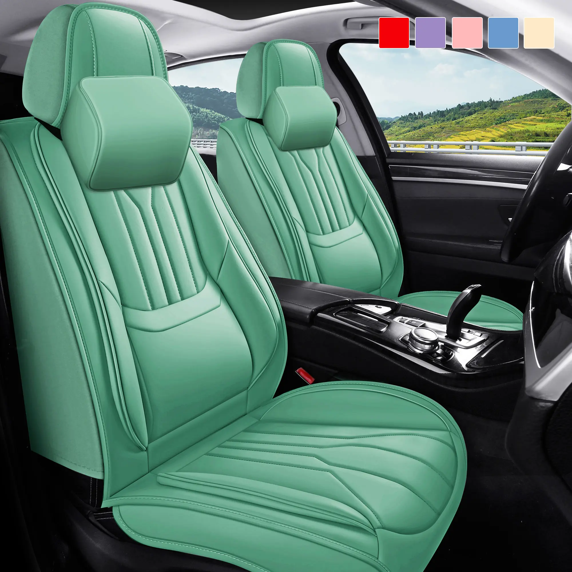 OTOEZ Multicolor Nappa Leather Full Set 5 Seats Car Seat Covers Universal with Lumbar Support Fit Most Cars SUVs Breathable Waterproof Easy to Install