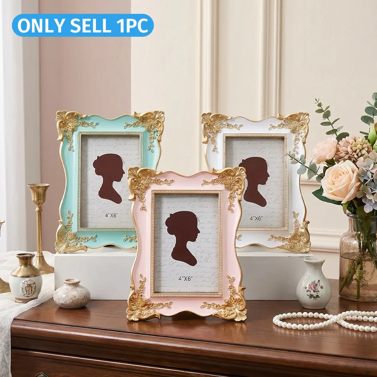 European Vintage Colorful Gold Leaf Carved Rectangular Photo Frame, Resin Material, Wall Mountable, Photo Frames For Wall, DIY Home Decor, Wedding Gift, Vintage Picture Frames