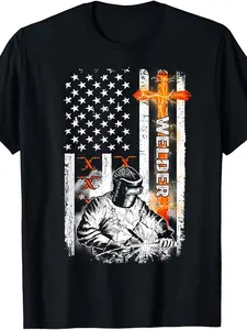 American Flag Welder Cross T-Shirt, Patriotic Welding Graphic Tee, Blue Collar Worker Shirt