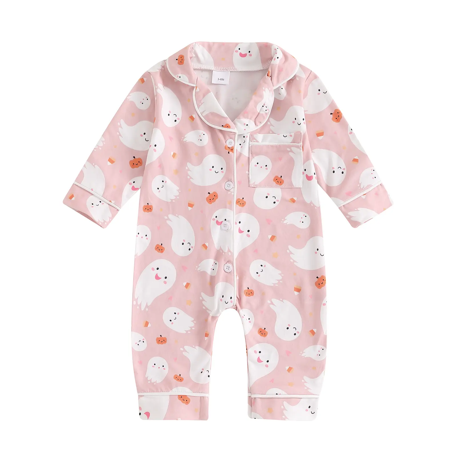 Baby Girl Boy Pajamas Romper Ghost/Pumpkin Print Long Sleeve Button Down Pajama Jumpsuit  Pjs Sleepwear