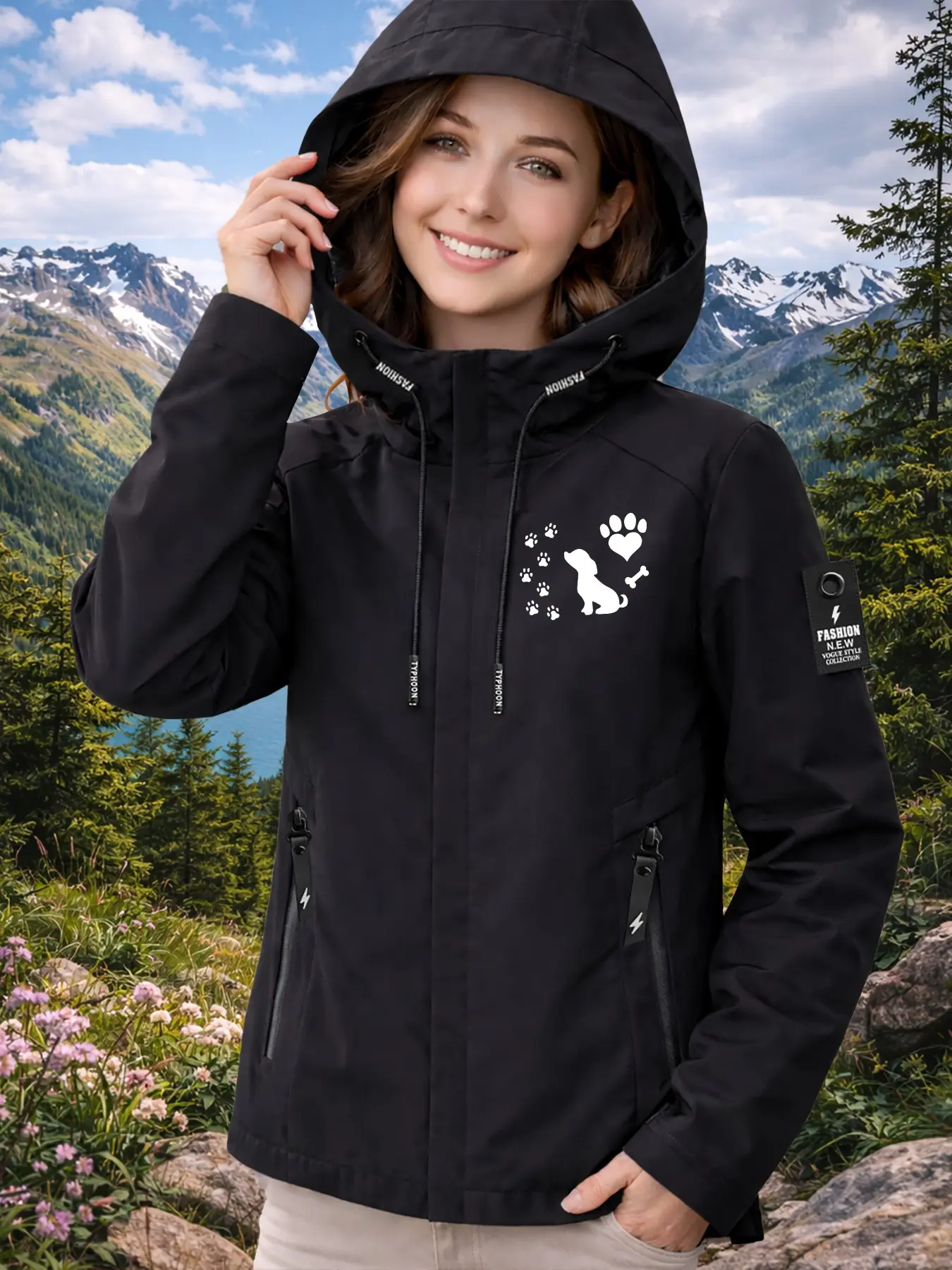 Women's Hooded Windbreaker Jacket Top Two Colors Available Playful Cute Dog & Paw Print Textured Eye-Catching Loose Fit Slim Age-Reducing Lazy Street Style Comfortable Breathable Machine Washable Cool & Stylish Jacket