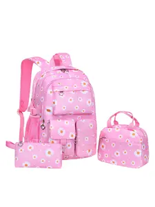 3-Piece Daisy Print Kids Backpack Set, Unisex Dual Shoulder Bags, Multi-Compartment Design, Large Capacity, Zipper Closure, Perfect for School & Travel