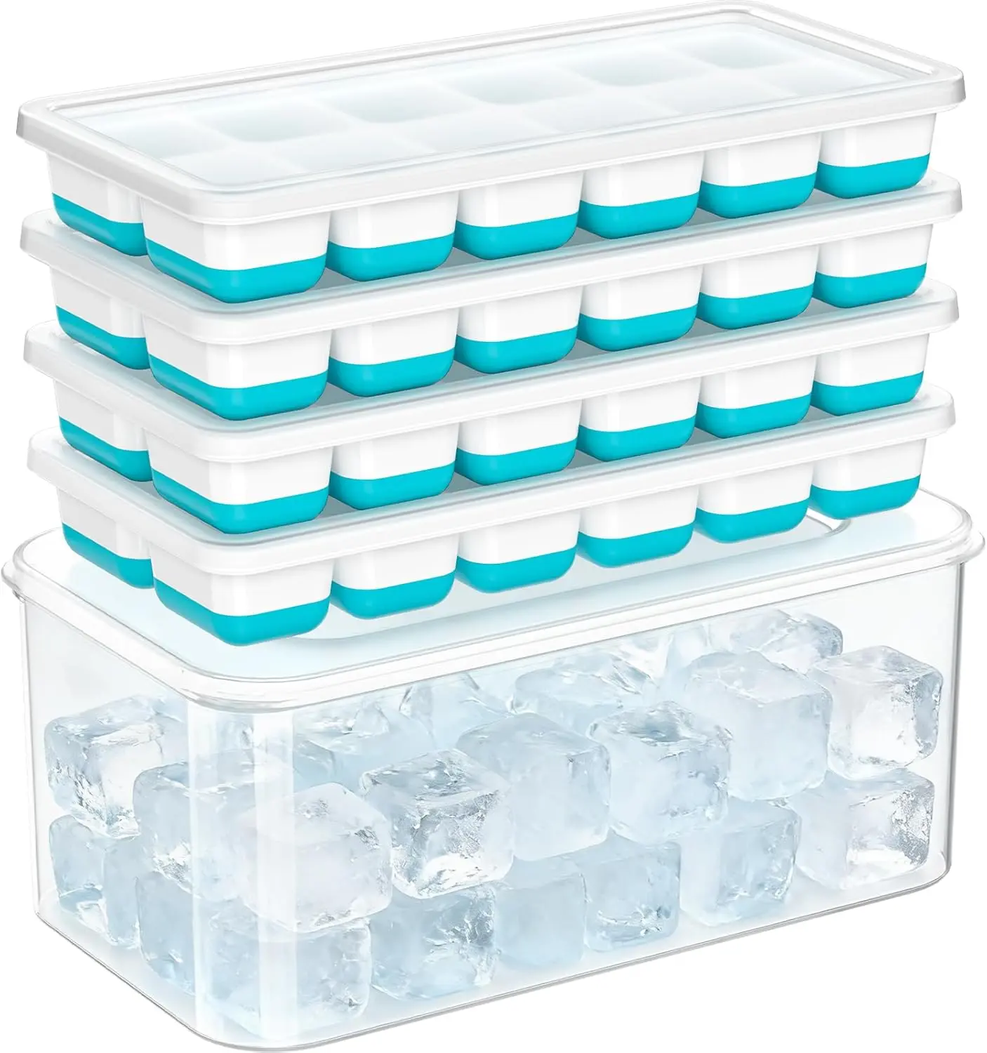 Ice Cube Tray with Lid & Bin 4 Pack 48 Cubes Stackable Silicone Trays for Freezer BPA-Free Leak-Proof Lids Easy Release for Kitchen RV Party Cocktail Coffee Dishwasher-Safe