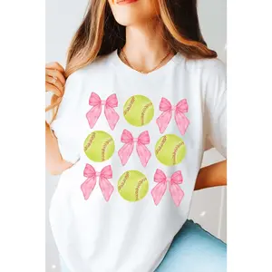 White Bow Tie Baseball Print Round Neck Casual Tee