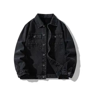 [Black Denim Jacket] Men's Black Denim Jacket - Loose Fit Casual Street Style Multi-Pocket Long-Sleeve Cargo Jacket - Classic Vintage Washed Rugged Durable Trucker Jacket for Outdoor Work Fishing Hiking Camping Jogging