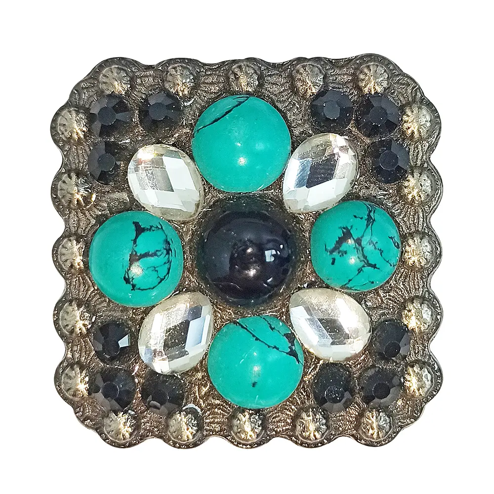 HILASON 2 Pc Western Screw Back Square Antique Finish Concho Cowgirl Green White and Blaack Crystals Color | Slotted Conchos