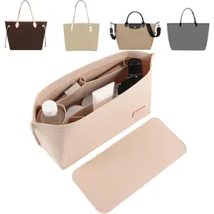 Purse Organizer Insert For Handbags & Base Shaper 2pc Set,Felt Organizer Large Large Tote,Bag Organizer with Zipper 5 Sizes,Fit For Speedy,Neverfull MM,Citty33 and More(Beige-L-Combination)