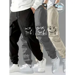 [3-Pack Cargo Pants with Pockets] 3-Pack Men's Cargo Pants, Casual Polyester Work Trousers, Solid Color, Non-Stretch, Regular Length, Seasonal, with Pockets, Standard Fit, Adult, Woven Fabric Menswear Sweat Black + Gray + Khaki