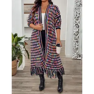Plus Size Women's Casual Fashion Long Sweater Coat, Colorful Fringe Knit Wool Cardigan, Fall & Winter Loose Fit Outerwear