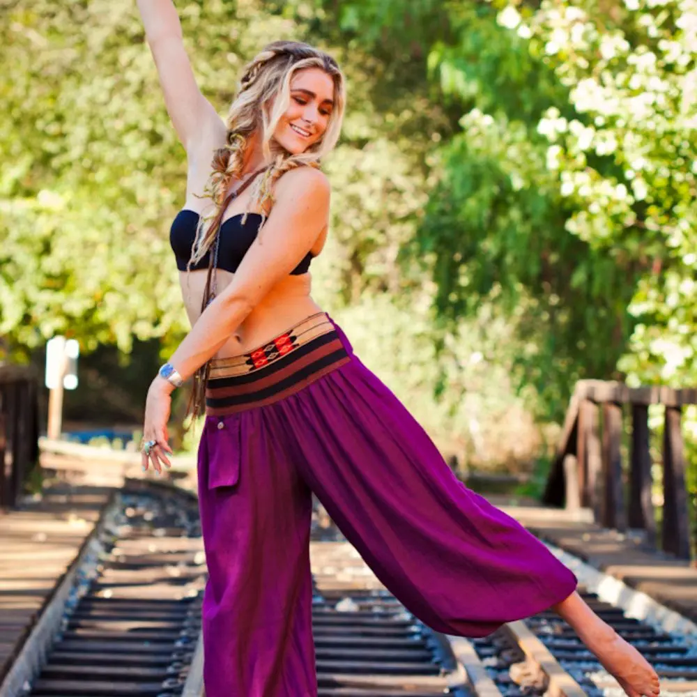 Women's Aladdin Pants - great for festivals, yoga, lounging, beach, maternity. Breathable Comfy and chic bottoms with a wide Elastic in the back.