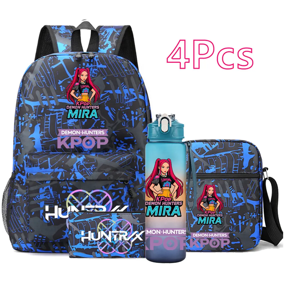 K-Pop Demon Hunters 4PCS Backpack Set for Girls – Anime School Backpack featuring Rumi, Mira & Zoey with Crossbody Bag, Pencil Case & Water Bottle, Large Capacity Bookbag
