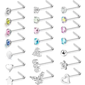 YADOCA 21 Pcs 20G Nose Stud Piercing 316L Surgical Steel for Women Men Hypoallergenic Small Colorful CZ Silver Nose Studs I Shaped/L Shaped/S Shaped Nose Stud Screw Nose Piercing Jewellery