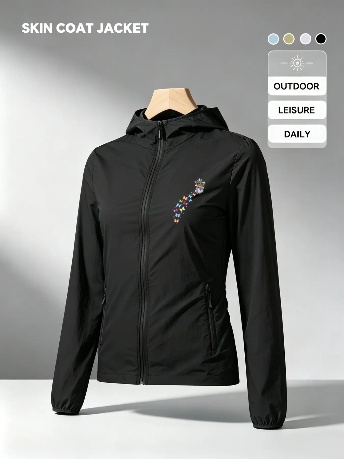 Colorful Butterfly Group Print Women Summer Hooded Zip Up Skin Coat Jacket Four Colors Optional Soft Skin Friendly Comfortable Loose Breathable Lightweight Fashion Casual Outdoor Camping Hiking Cycling Commuting Daily Travel Vacation Must Have New Arrival