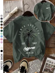 Women's Loose-Fit Round Neck T-Shirt, Tropical Coconut Tree Print, Breathable Soft Fabric, Summer Comfortable Top, Ideal for Beach Trips