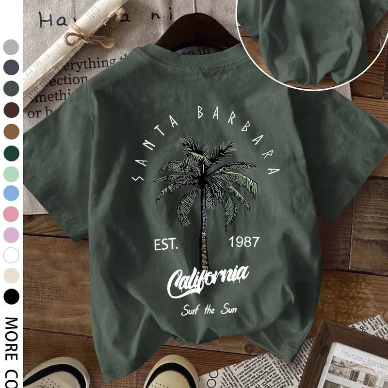 Women's Loose-Fit Casual Round Neck T-Shirt, Loose Basic Tees, Fashion, Baggy, Womenswear, Tropical Coconut Tree Print, Breathable Soft Fabric, Summer Comfortable Top, Ideal for Beach Trips