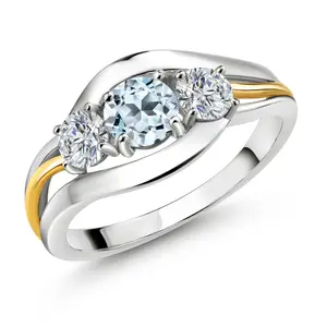 Gem Stone King 925 Sterling Silver and 10K Yellow Gold Round Sky Blue Topaz and White Lab Grown Diamond 3 Stone Ring For Women (1.24 Cttw)