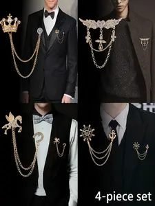 4 Piece Men's Elegant Brooch Set, Fashion Accessory, Wing Fringe Chain Brooch, Crown Brooch, Helm Brooch, Pegasus Brooch, Lapel Pin, Vintage Brooches