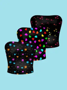 3-Pack Sweet Cool Heart Print Tube Top, Slim-Fitting Short Sleeve Backless Vest, Casual All-Over Print Clothing for Women