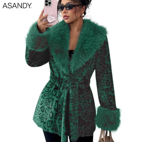 ASANDY Women’s Winter Lace-Up Leopard Print Faux Fur Coat Elegant Synthetic Leather Jacket Warm & Fashionable Outdoor Sports Coat Suitable for Cold Weather Suitable for Both Autumn and Winter