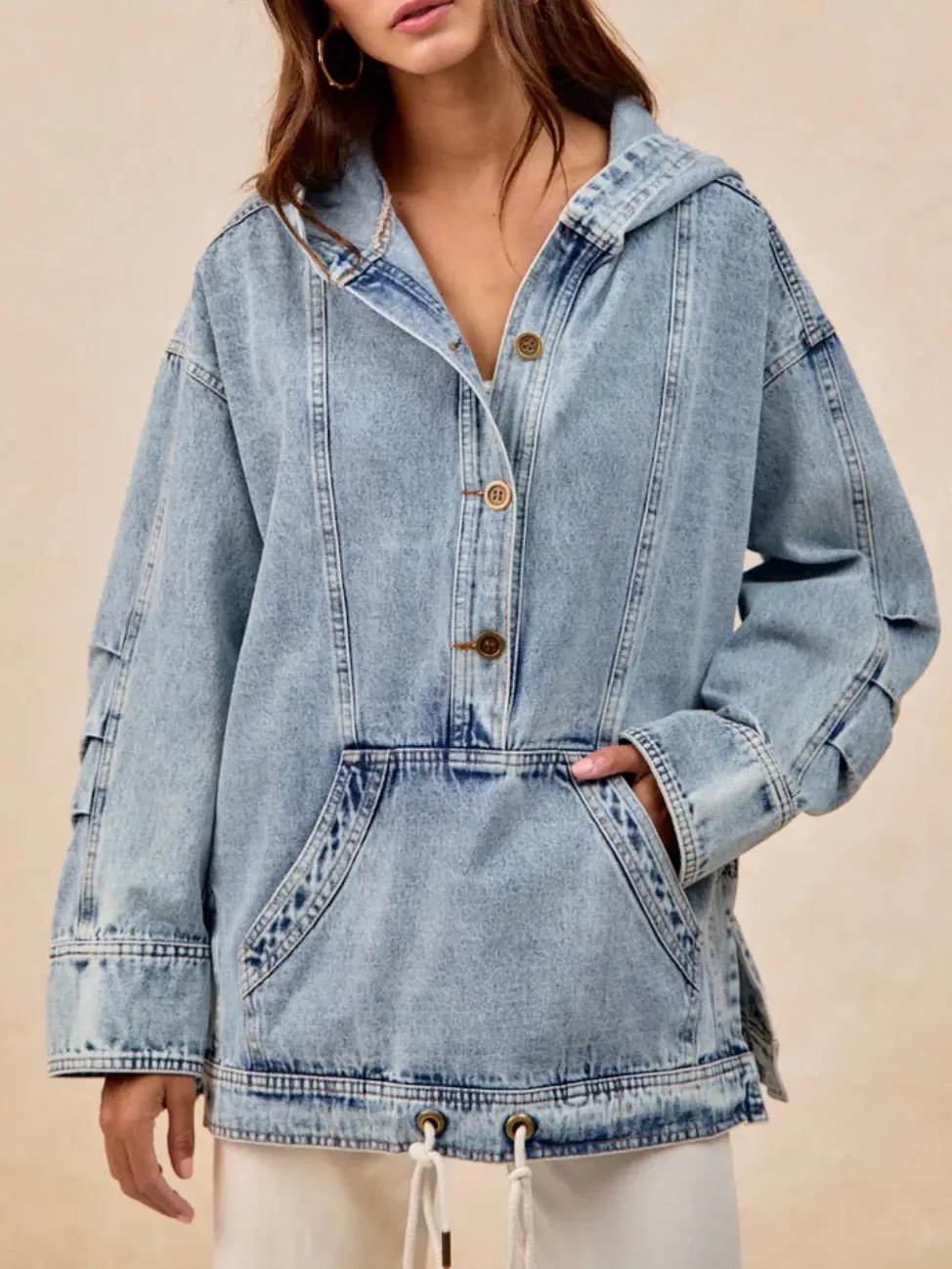 Half Buttoned Washed Denim Hoodie