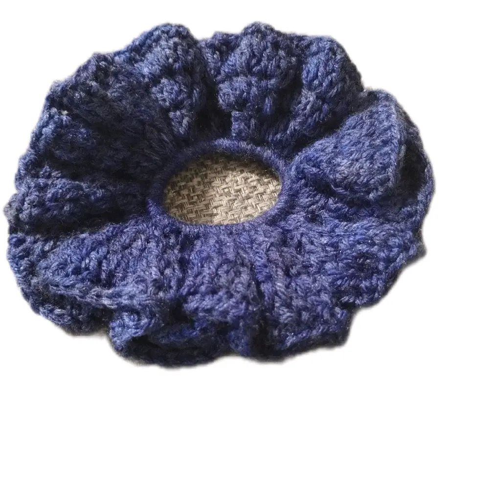 Handmade Three Row Crocheted Scrunchie in Navy Blue with Unique Center Design