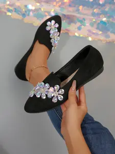 Women's Sparkle Rhinestone Slip-On Flats, Spring & Fall Velvety Flat Shoes, Party Dance Glitter Style, Casual Low-Top Textile Sneakers