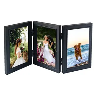 Tabletop Picture Frame Wood Trifold Hinged Photo Frame with 3 Openings, Table decor Family Picture Collage, with Real Glass 4" x 6" Black