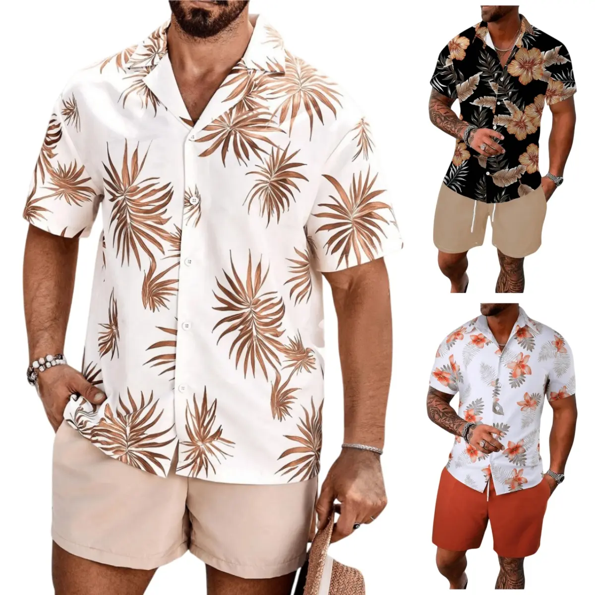 Men's 2 Piece Matching Set, Classic Tropical Floral Hawaiian Shirt and Stretch Shorts, Quick Dry Lightweight Menswear Vacation Outfit, Print, Shortsleeve, Fabric