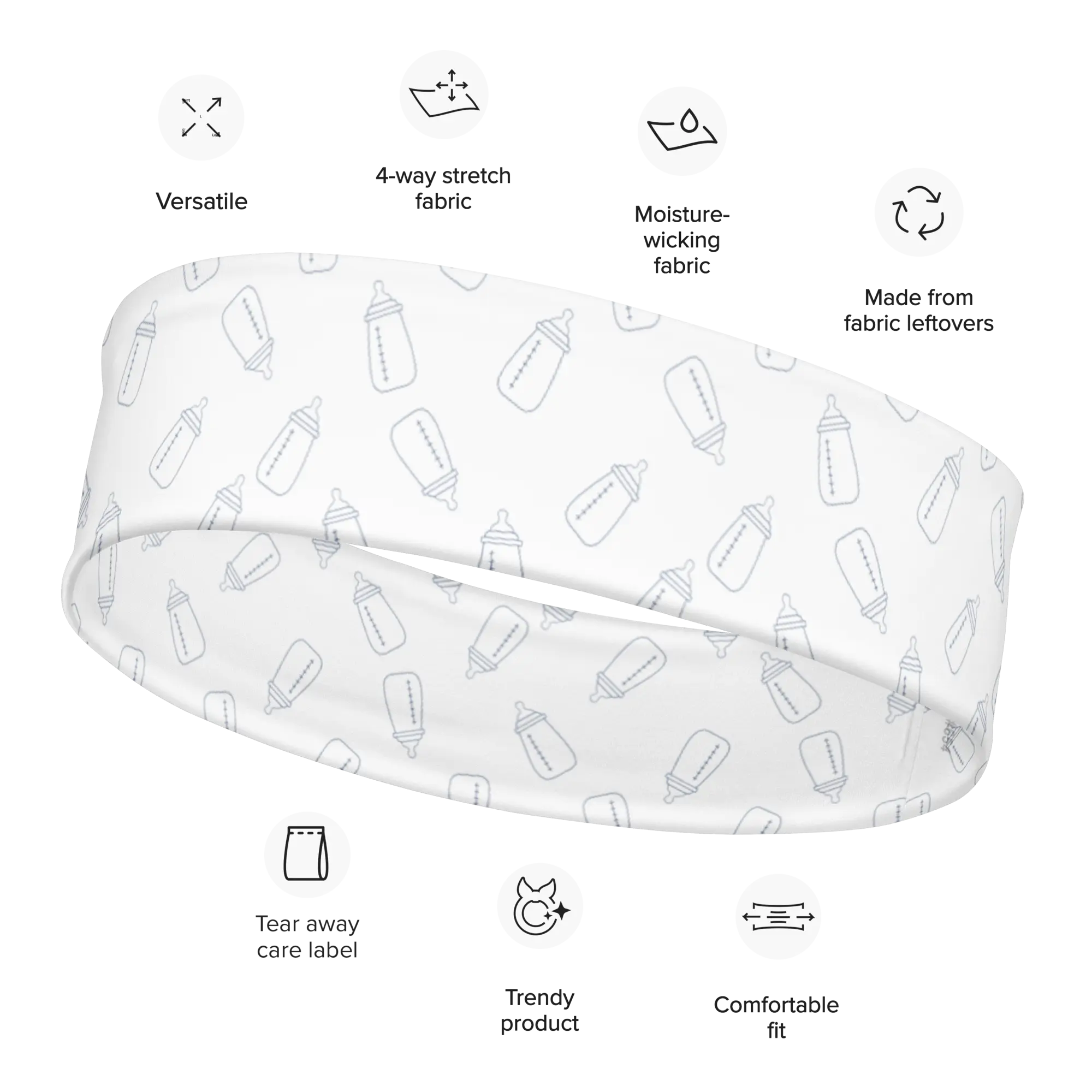 Baby Bottle Headband White for Mother Baby NICU L&D Nurses and Healthcare Workers Uniforms Soft Stretchy Moisture-Wicking 82% Polyester 18% Spandex