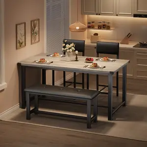 Dining Table Set for 4, 5 Piece Kitchen Table Set with Upholstered Bench and 2 Chairs, Rectangular Dining Room Table Set for Small Space, Apartment, Studio, Retro